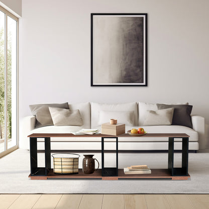 Modern Black Marble and Walnut Wood TV Stand with Open Storage Shelves - Sleek and Stylish Entertainment Center