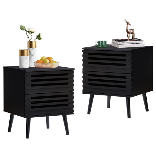 Black Nightstand with 2 Storage Hollowed-Out Drawers  Set of 2