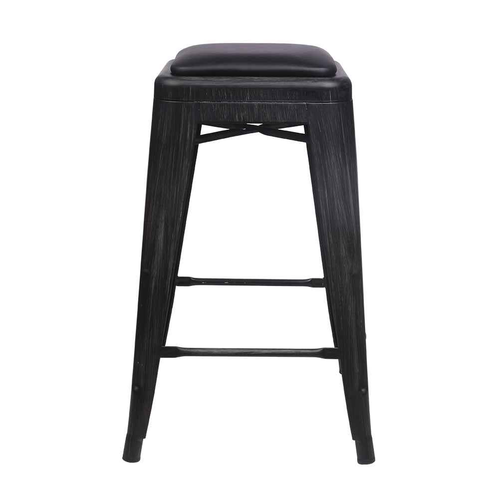 Black 24 Inch Backless Metal Stool with Black Leather Cushion