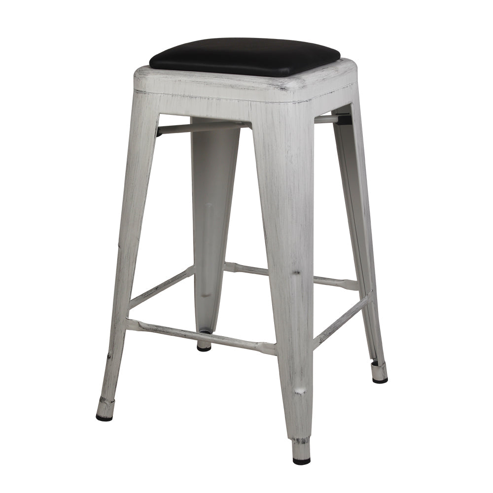 Antique White 24 Inch Metal Stool with Black Leather Cushion - Painted Antique Color