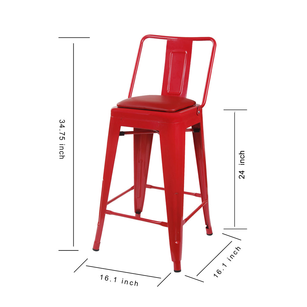 GIA 24 Inches High Back Red Metal Stool with Red PU Seat