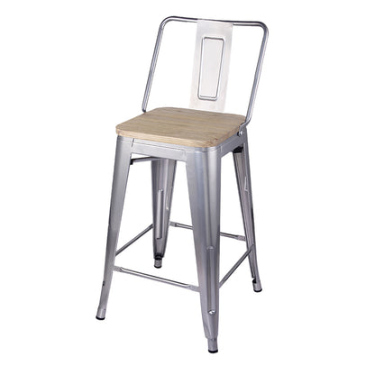 GIA 24 Inches High Back Silver Stool with Light Wood Seat