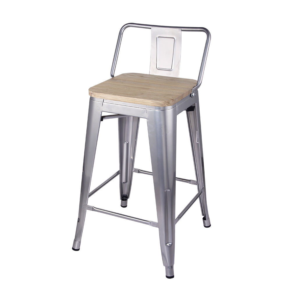 GIA 24 Inch Lowback Silver Stool with Wood Seat