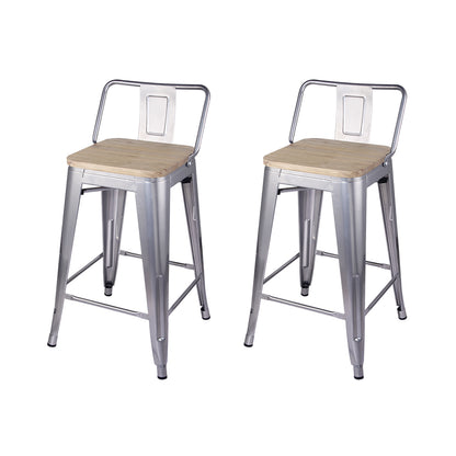 GIA 24 Inch Lowback Silver Stool with Wood Seat
