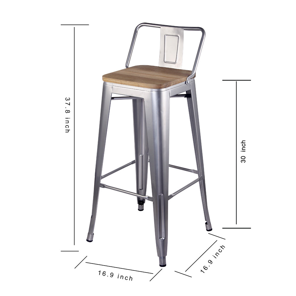 GIA 30 Inch Lowback Silver Metal Stool With Wood Seat