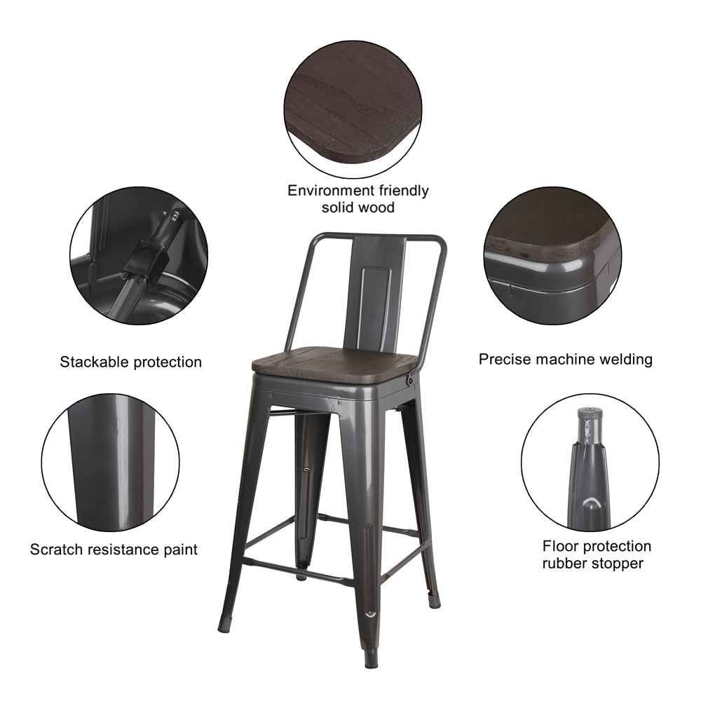 GIA 24 Inches High Back Gungray Stool with Dark Wood Seat