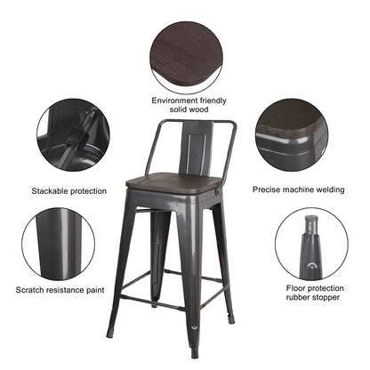 GIA 24 Inch Lowback Gungray Stool with Wood Seat