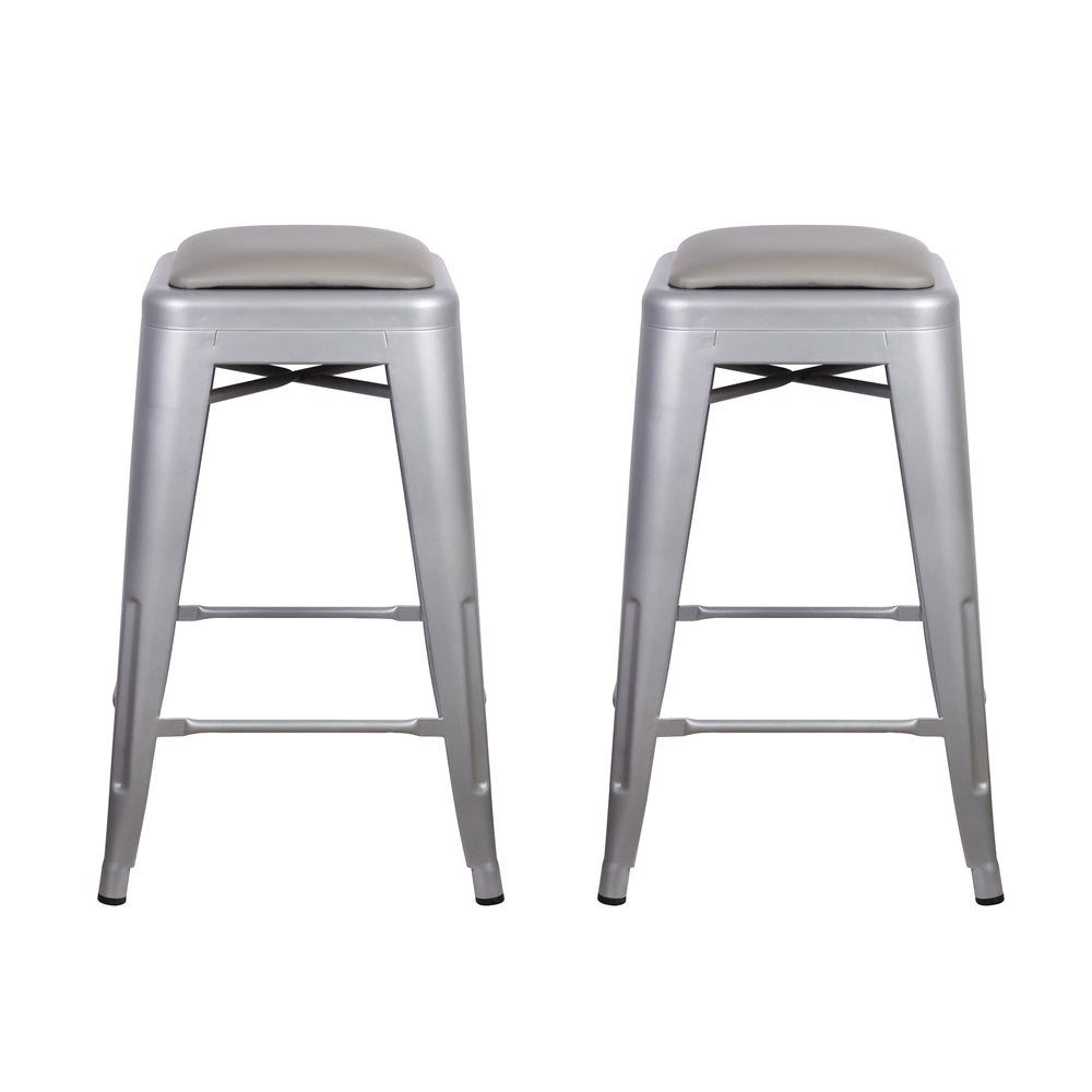 GIA 24 Inch Gray Metal Stool with Gray Leather Cushion