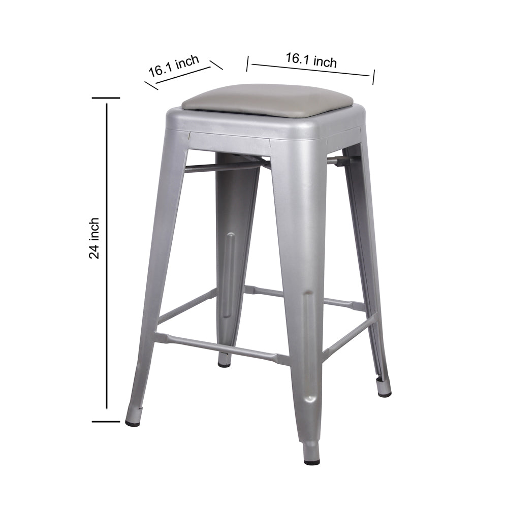 GIA 24 Inch Gray Metal Stool with Gray Leather Cushion