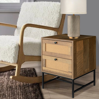 25 Inch Tall Rattan Boho Nightstand with 2-Drawer