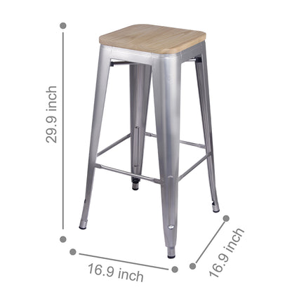 GIA 30 Inch Silver Stool with Wood Seat