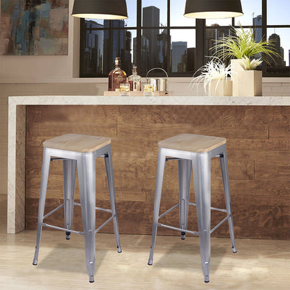 GIA 30 Inch Silver Stool with Wood Seat