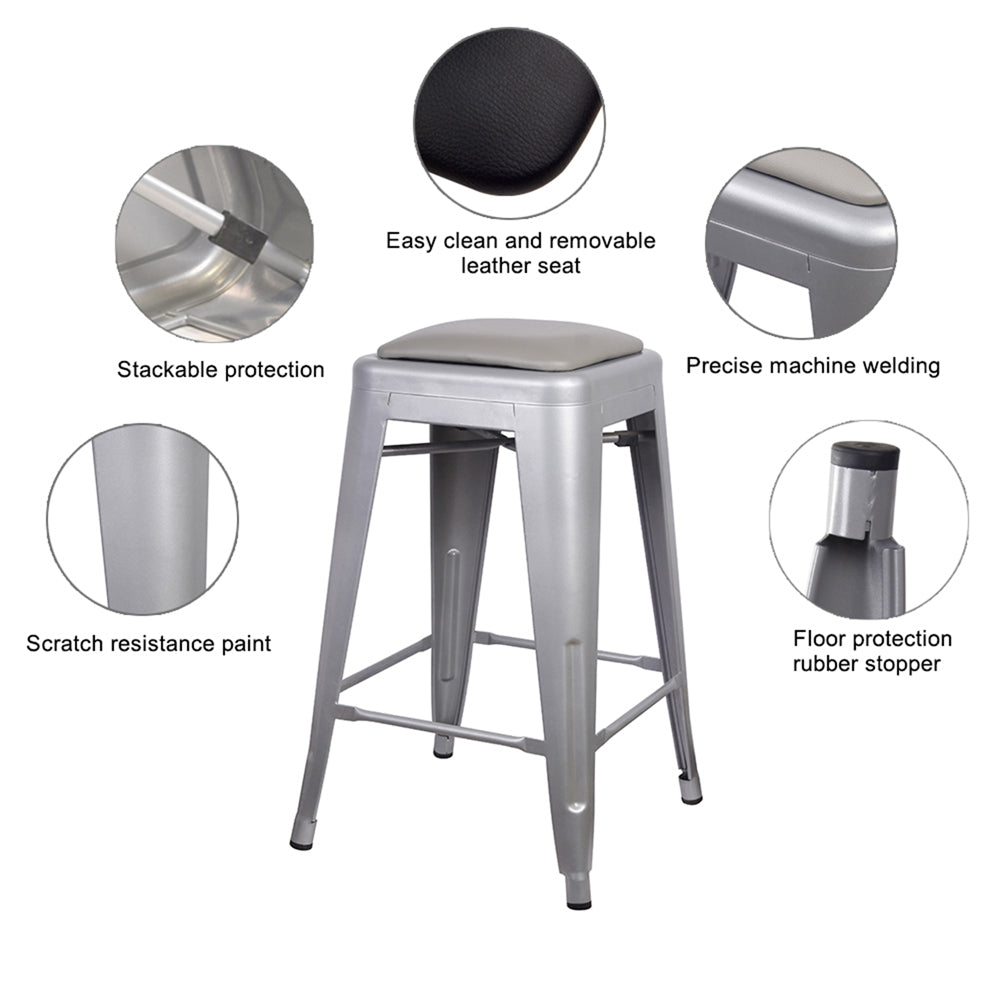 GIA 24 Inch Gray Metal Stool with Black Leather Cushion