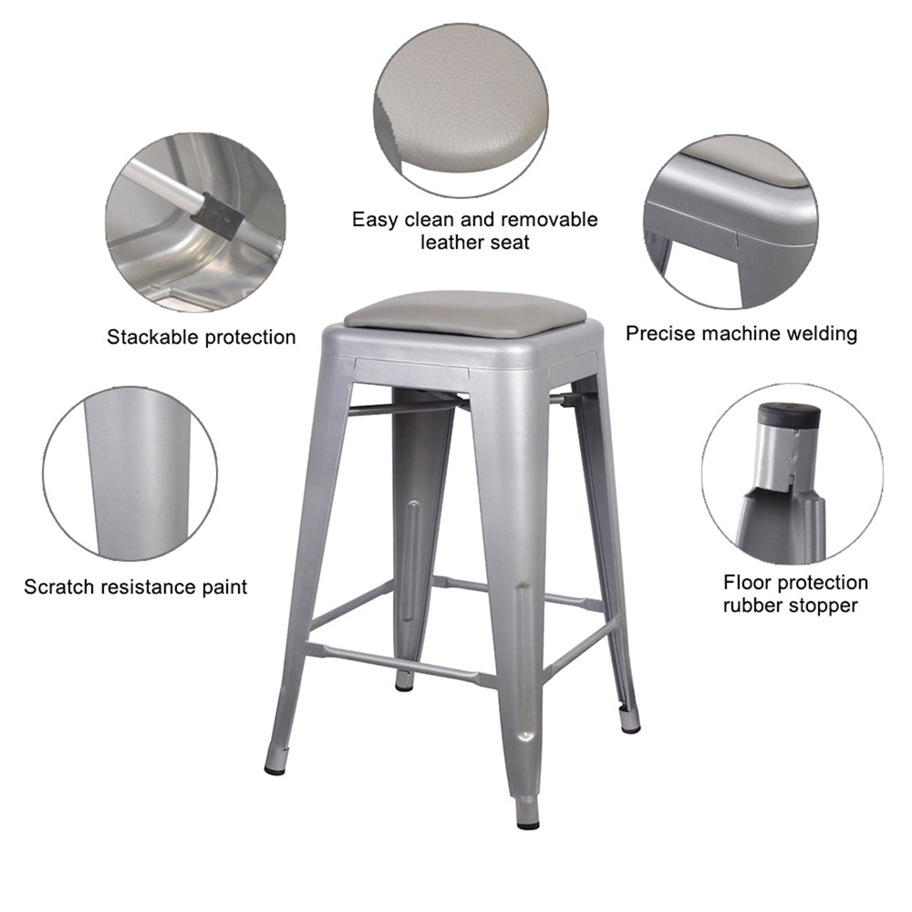 GIA 24 Inch Gray Metal Stool with Gray Leather Cushion