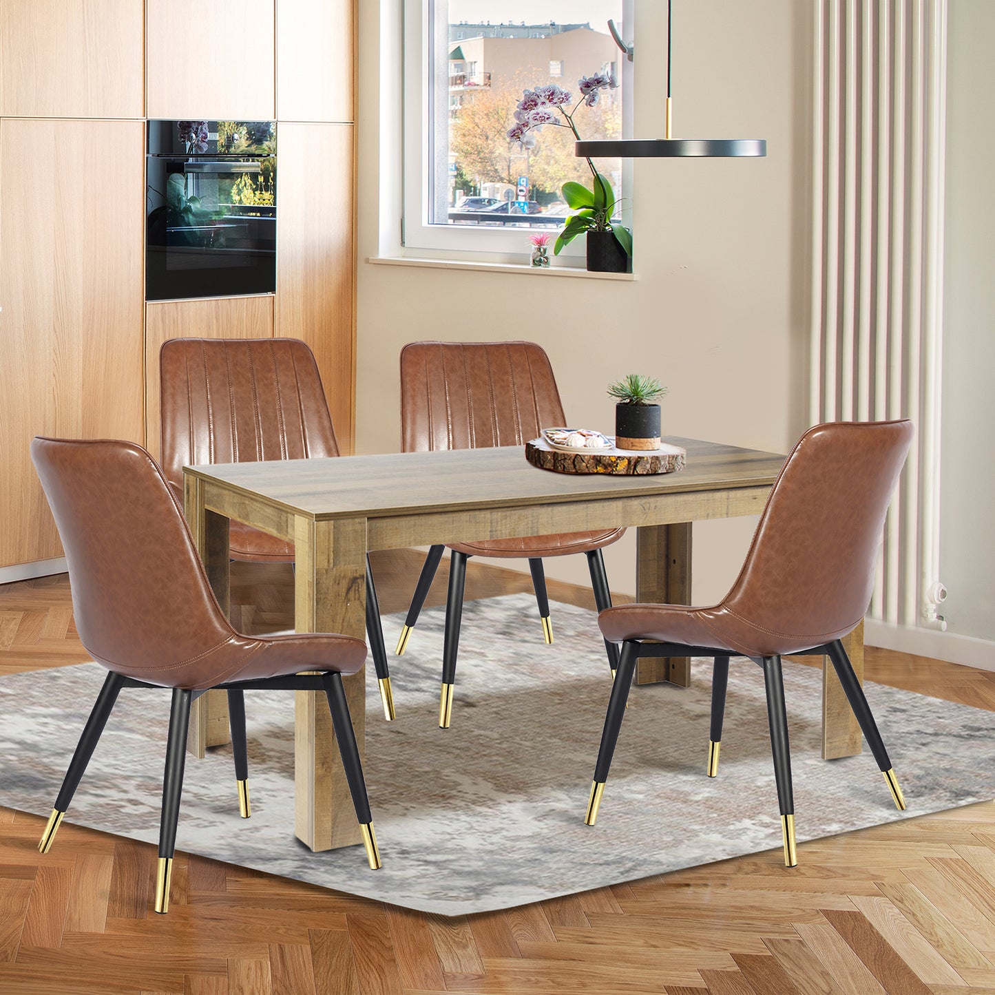 5 Pieces Dining Table Set for 4 - 59 Inch Walnut Table & 4 Pack Brown Leather Chairs