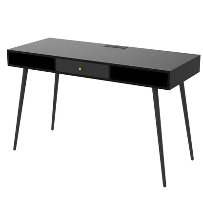 Mid Century Desk with USB Ports and Power Outlet, Modern Writing Study Desk with Drawers, Multifunctional Home Office Computer Desk Black