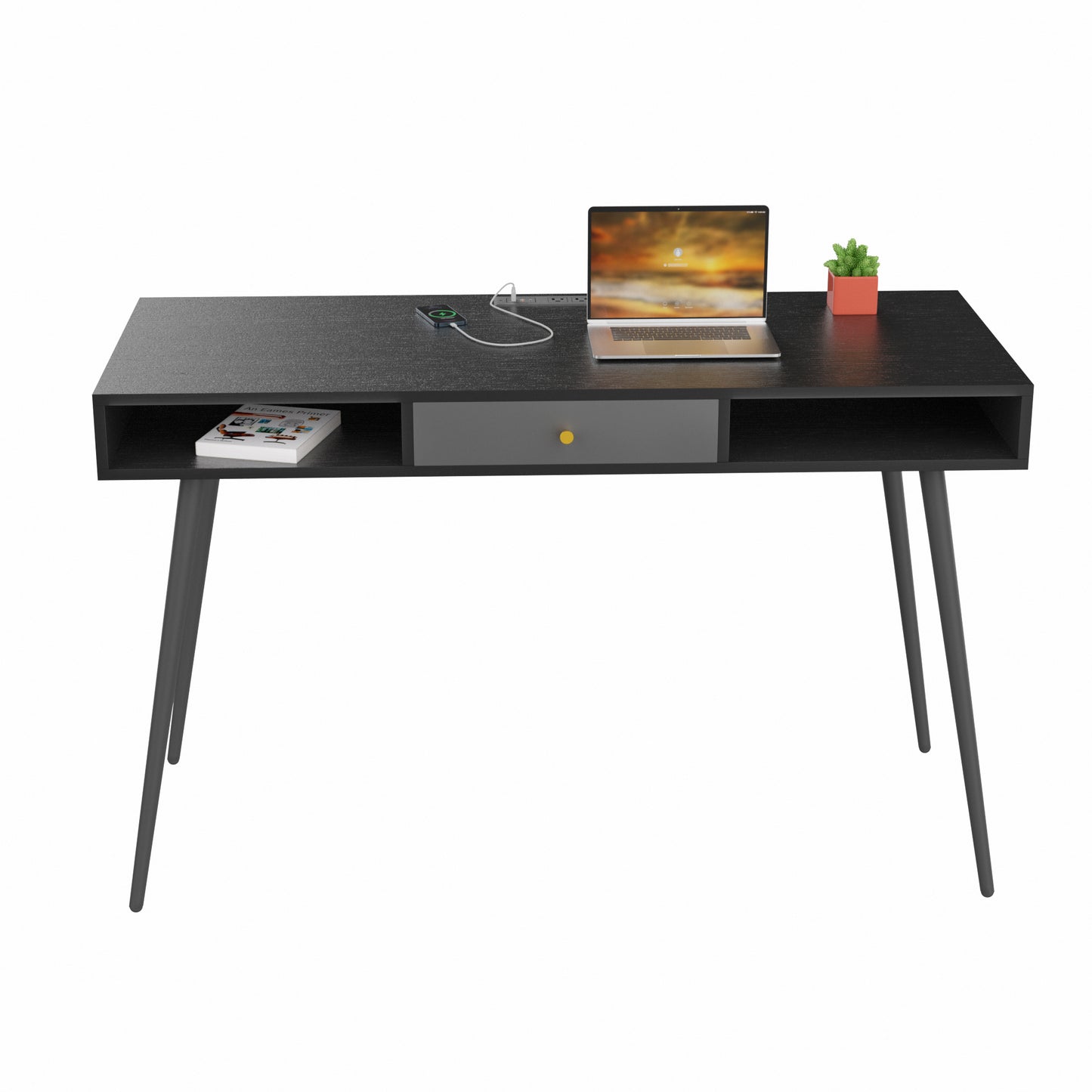 Mid Century Desk with USB Ports and Power Outlet, Modern Writing Study Desk with Drawers, Multifunctional Home Office Computer Desk Black