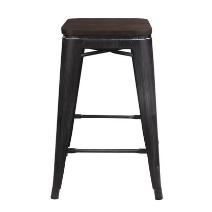 Black 24 Inch Backless Metal Stool with Dark Wooden Seat