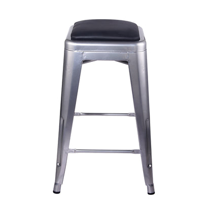GIA Silver 24 Inch Backless Metal Stool with Black Leather Cushion