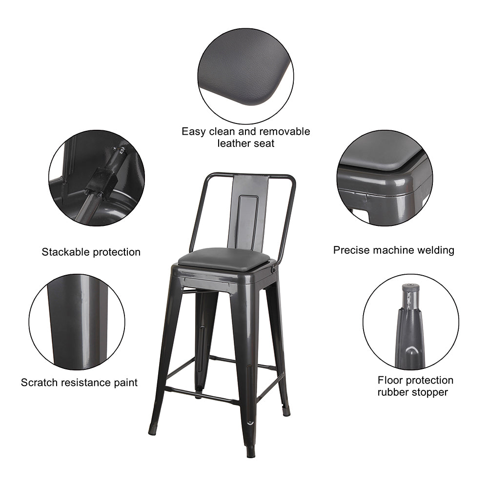 GIA 24 Inches High Back Gungray Metal Stool with Gray PU Seat