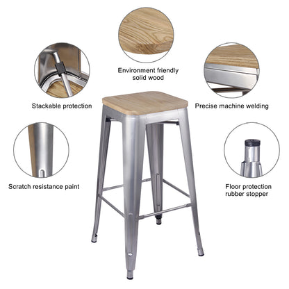 GIA 30 Inch Silver Stool with Wood Seat