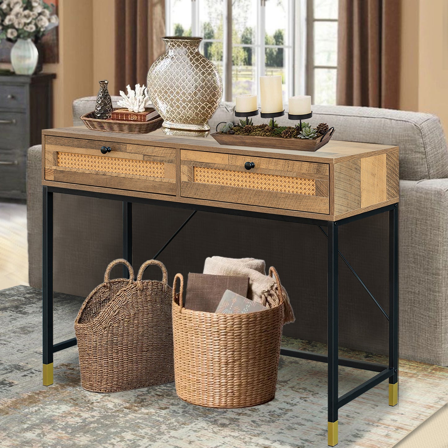 Rattan Console Table,Mix Oak