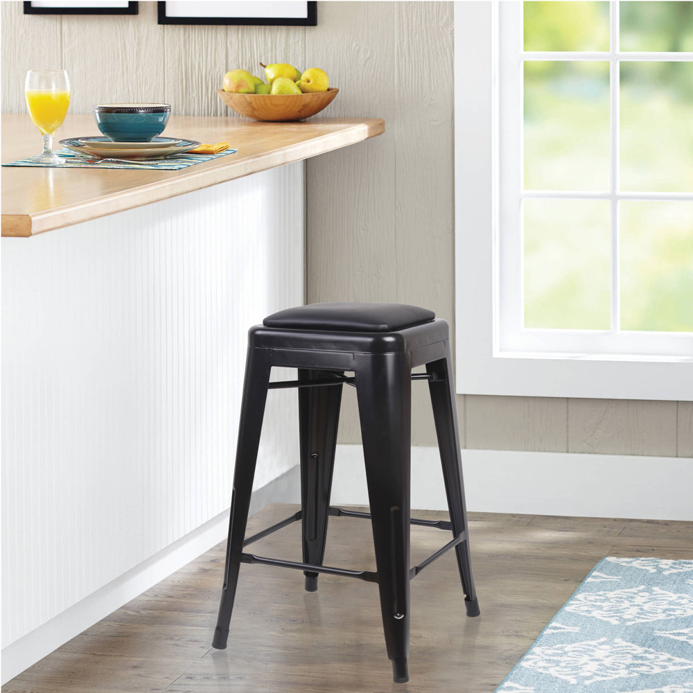 Black 24 Inch Backless Metal Stool with Black Leather Cushion