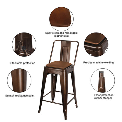 GIA 24 Inches High Back Coffee Metal Stool with Brown PU Seat