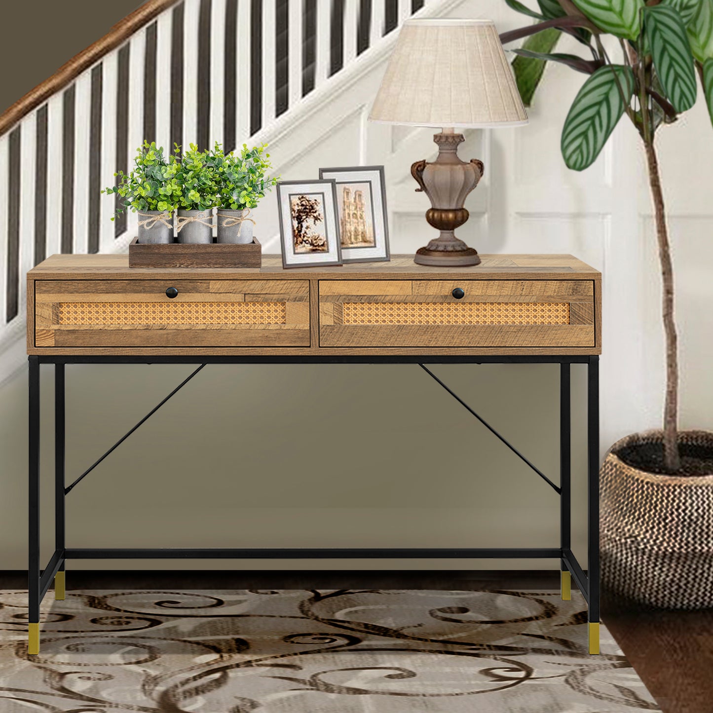 Rattan Console Table,Mix Oak