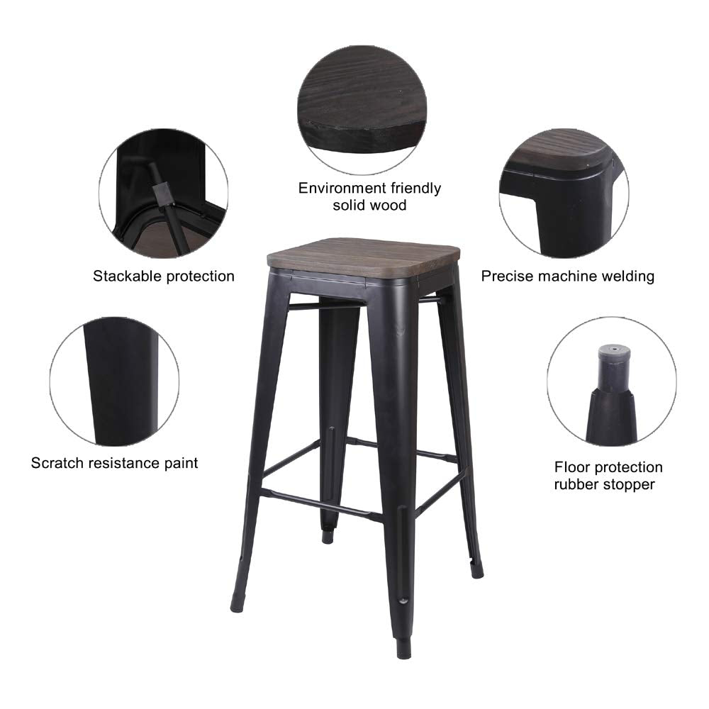 GIA 30 Inch Black Stool with Wood Seat