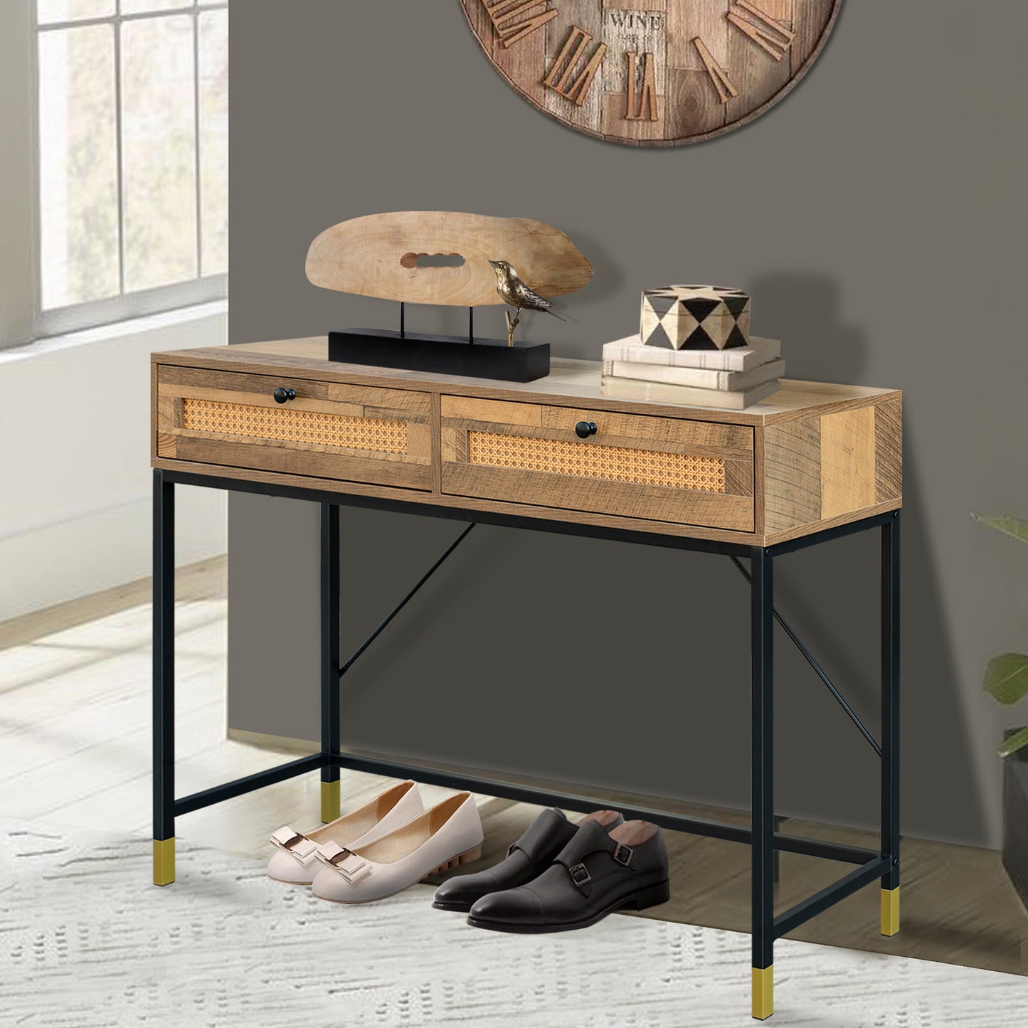 Rattan Console Table,Mix Oak