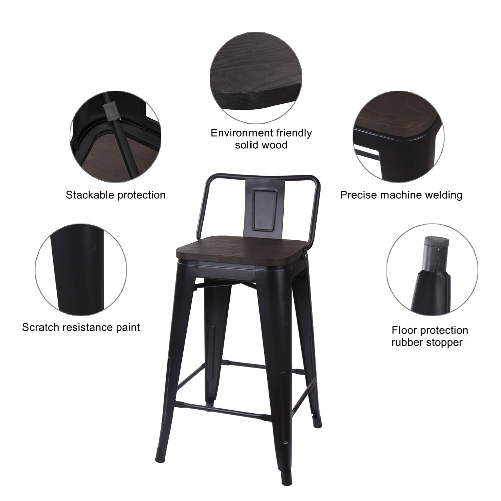 GIA 24 Inch Lowback Black Stool with Wood Seat