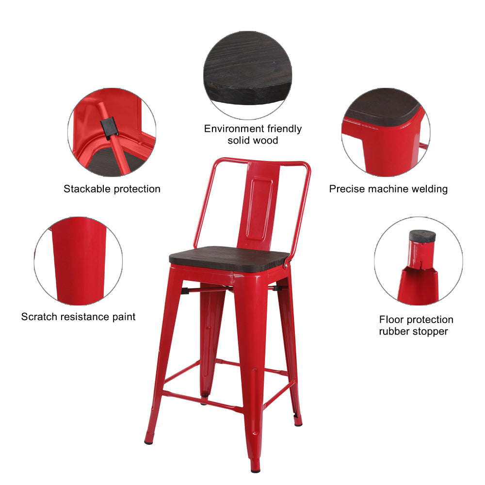 GIA 24 Inches High Back Red Stool with Dark Wood Seat
