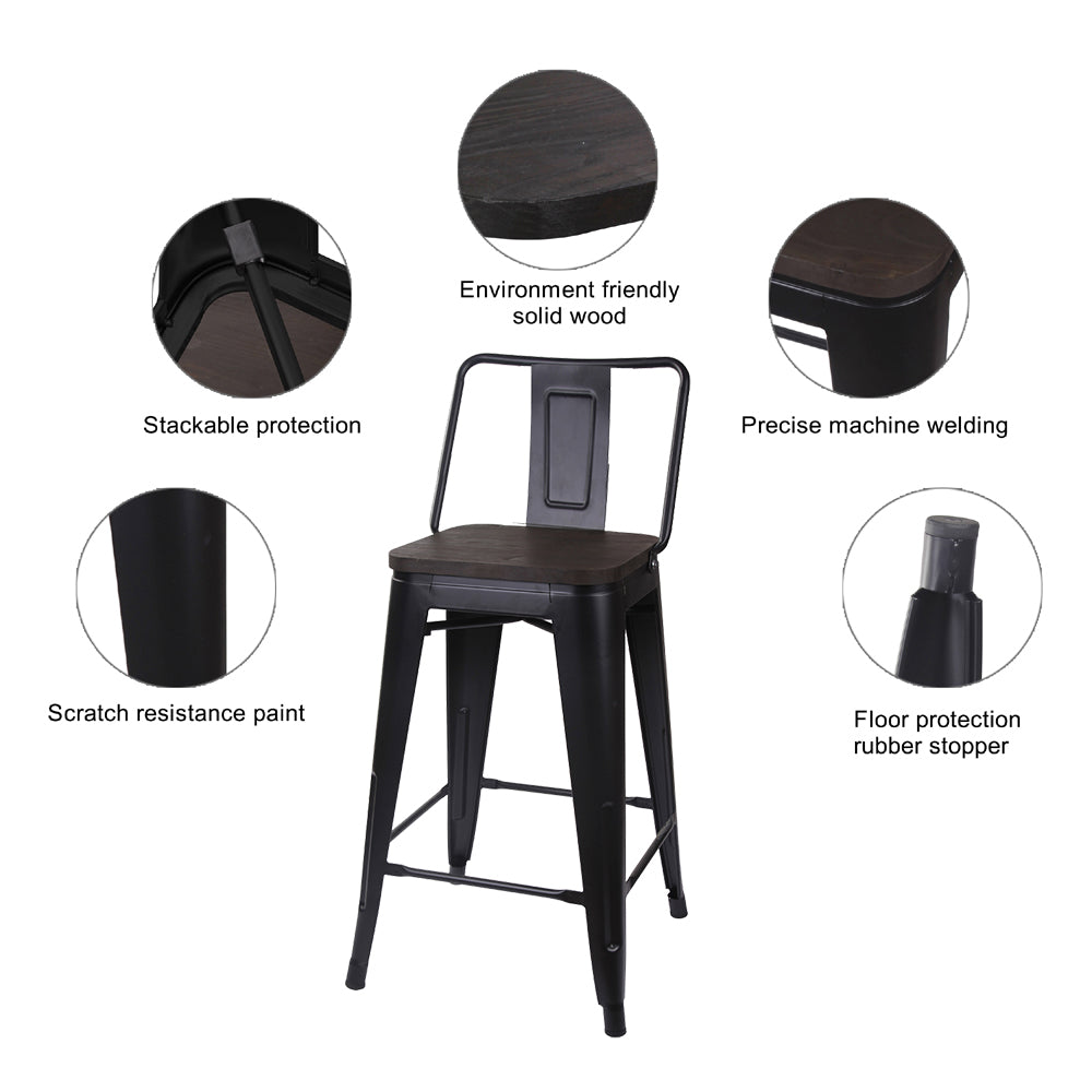 GIA 24 Inches High Back Black Stool with Dark Wood Seat