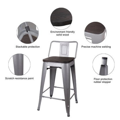 GIA 24 Inch Lowback Gray Stool with Wood Seat