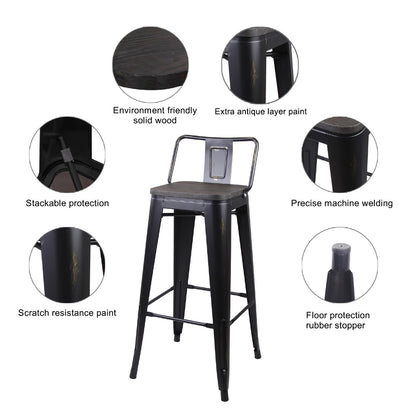 GIA 30 Inch Lowback Black Metal Stool With Wood Seat