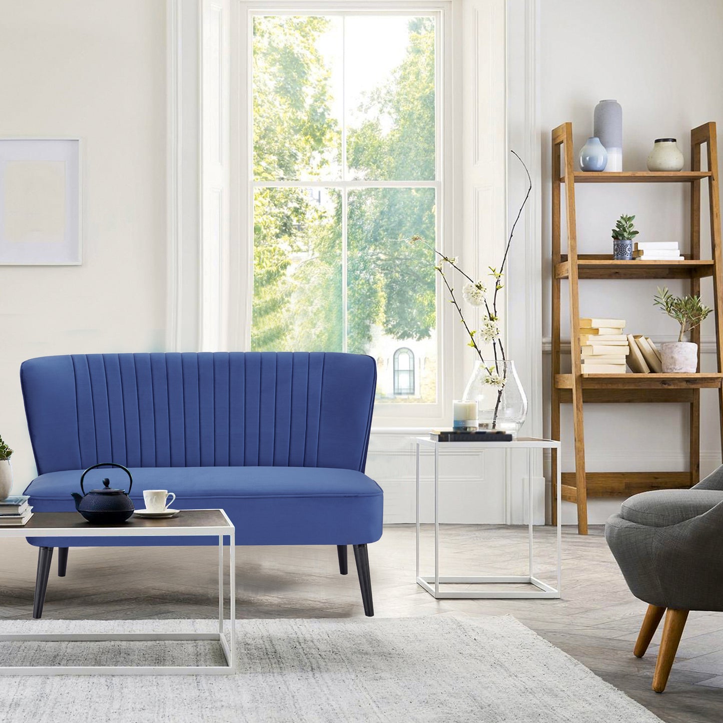 Armless Velvet Loveseat Sofa Couch-Blue