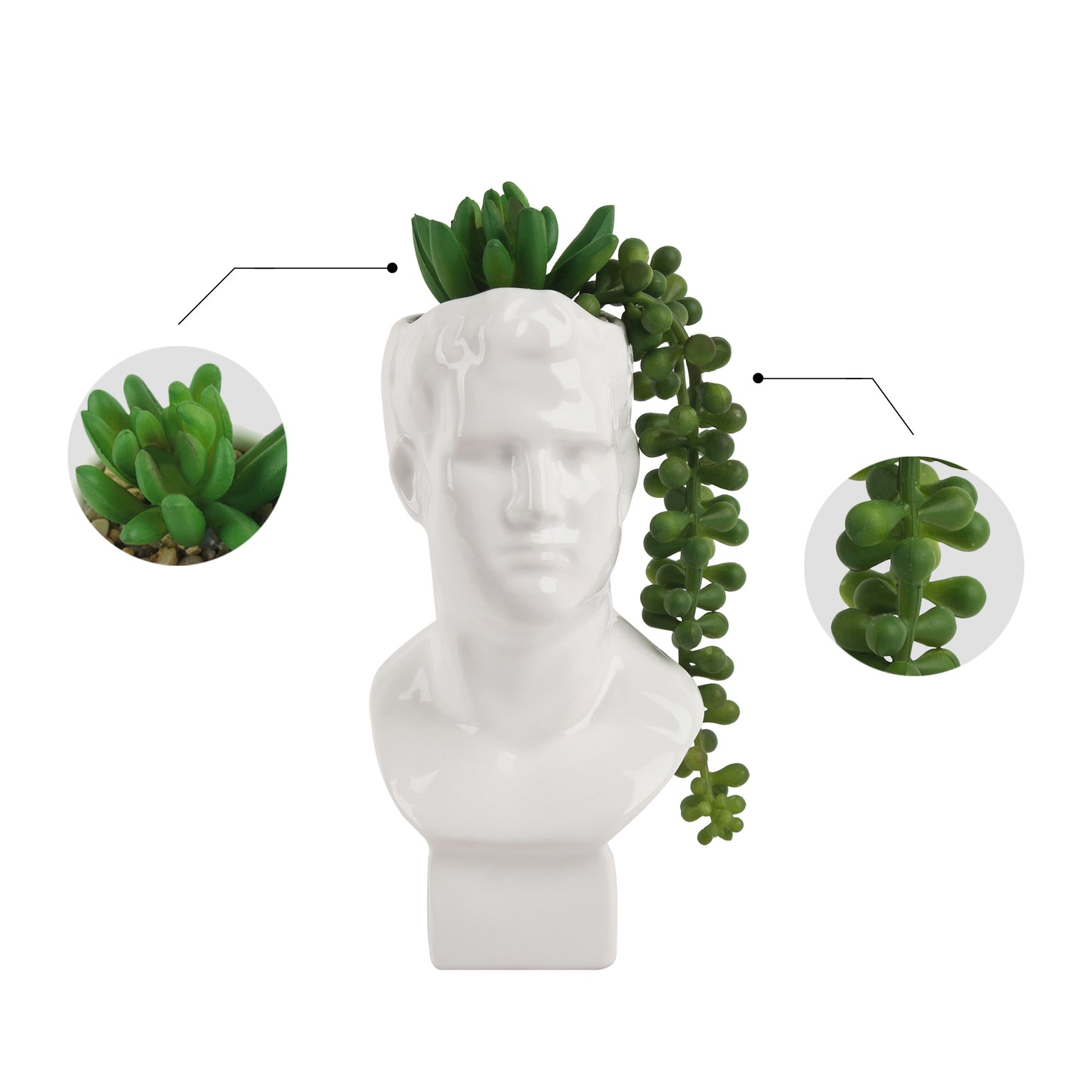 GIA Head Planter Succulent, David with Green Hair, Set of 2