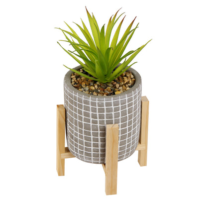 GIA Faux Agave Succulent Plant with Crafted Pot and Wooden Stand, Lush Green, Set of 2