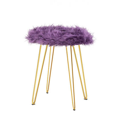 Foot Rest Metal Round Faux Fur Vanity Ottoman Stool with Golden Leg, Purple