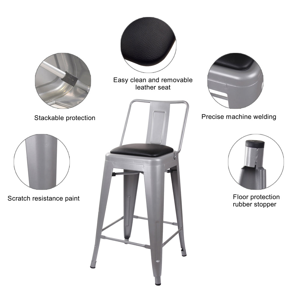 GIA 24 Inches High Back Gray Metal Stool with Black PU Seat