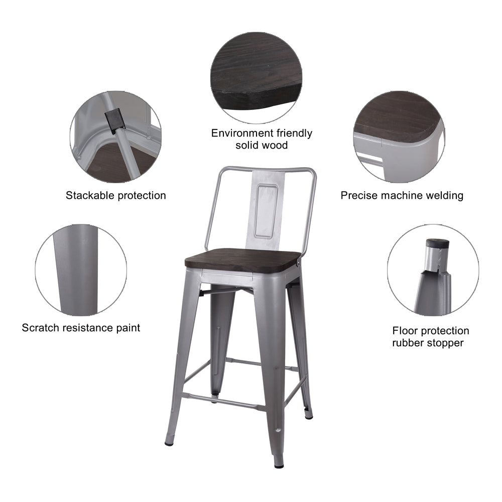 GIA 24 Inches High Back Gray Stool with Dark Wood Seat