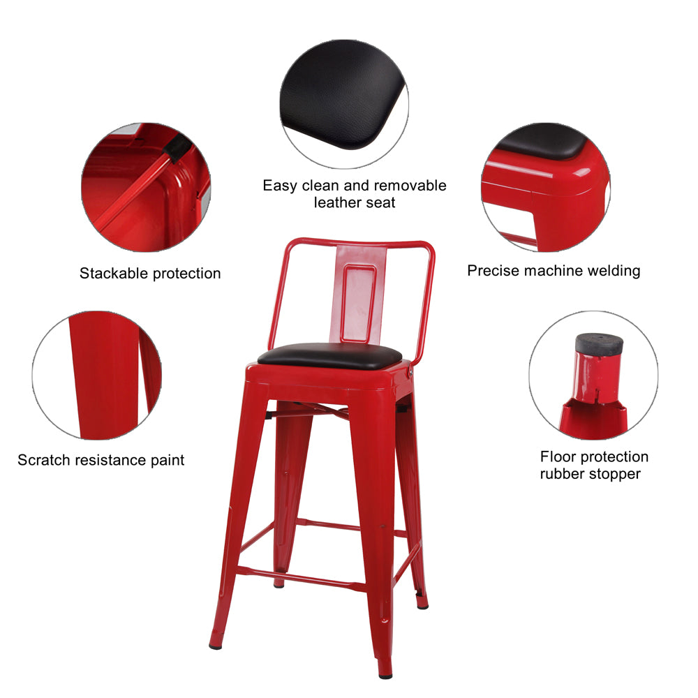 GIA 24 Inches High Back Red Metal Stool with Black PU Seat