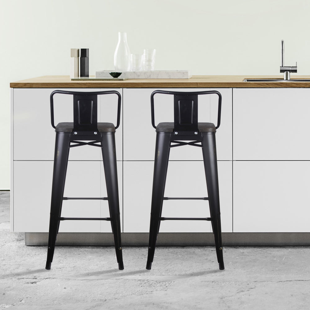 GIA 30 Inch Lowback Black Metal Stool With Wood Seat