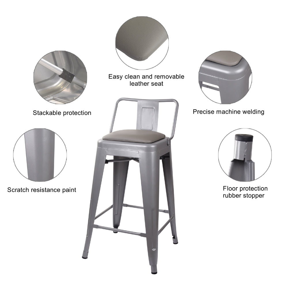 GIA 24 Inch Lowback Gray Stool with Gray PU Seat