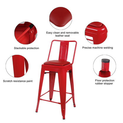 GIA 24 Inches High Back Red Metal Stool with Red PU Seat