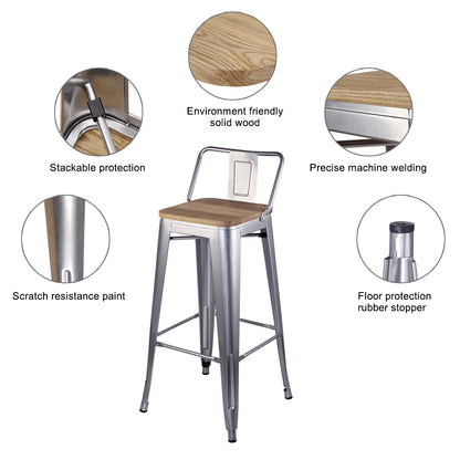 GIA 30 Inch Lowback Silver Metal Stool With Wood Seat