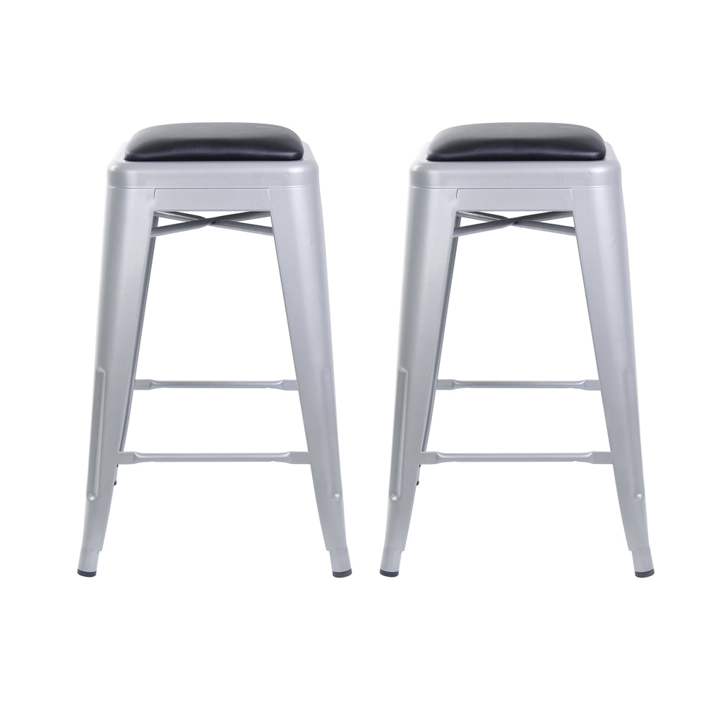GIA 24 Inch Gray Metal Stool with Black Leather Cushion