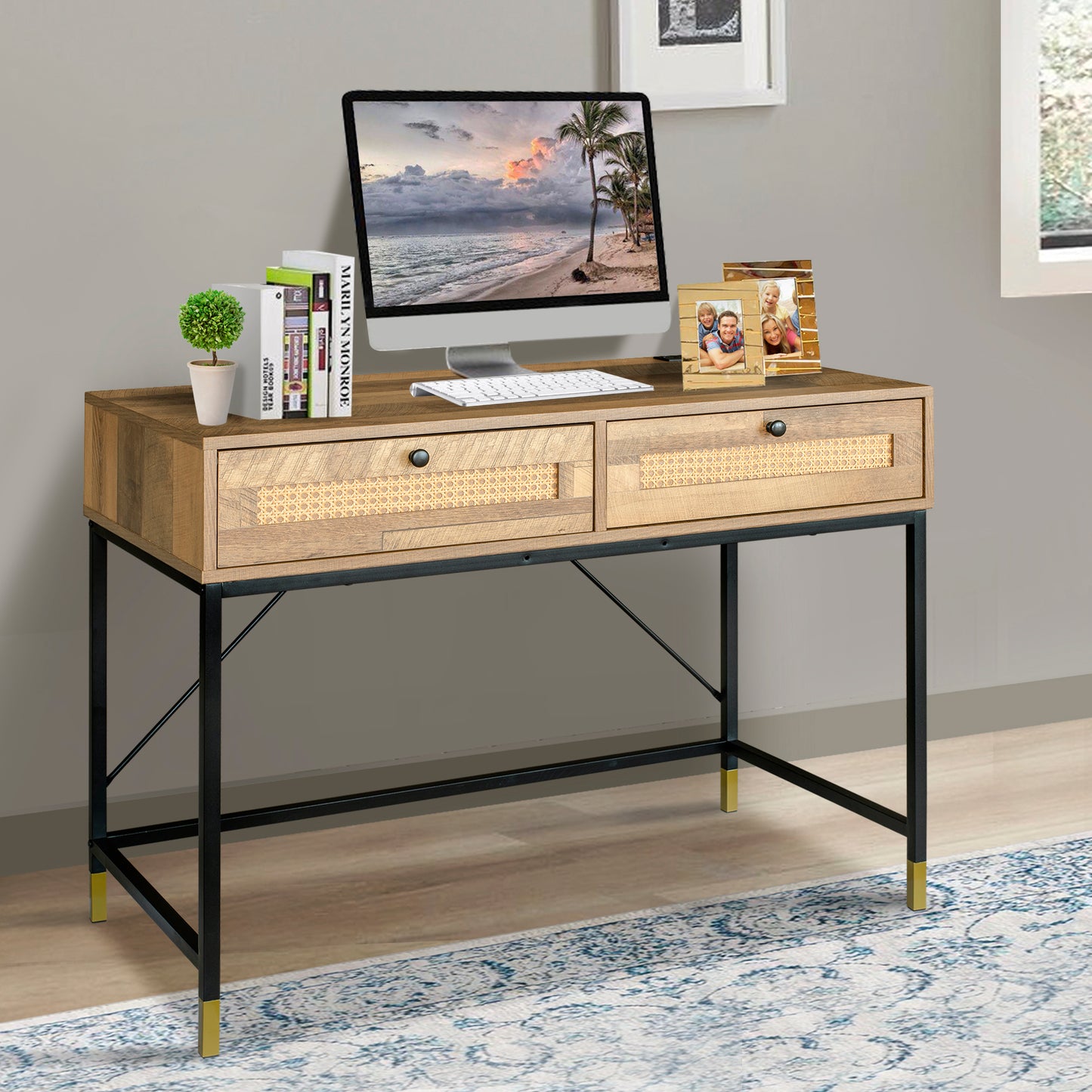 Rattan Computer Desk with Two Drawers